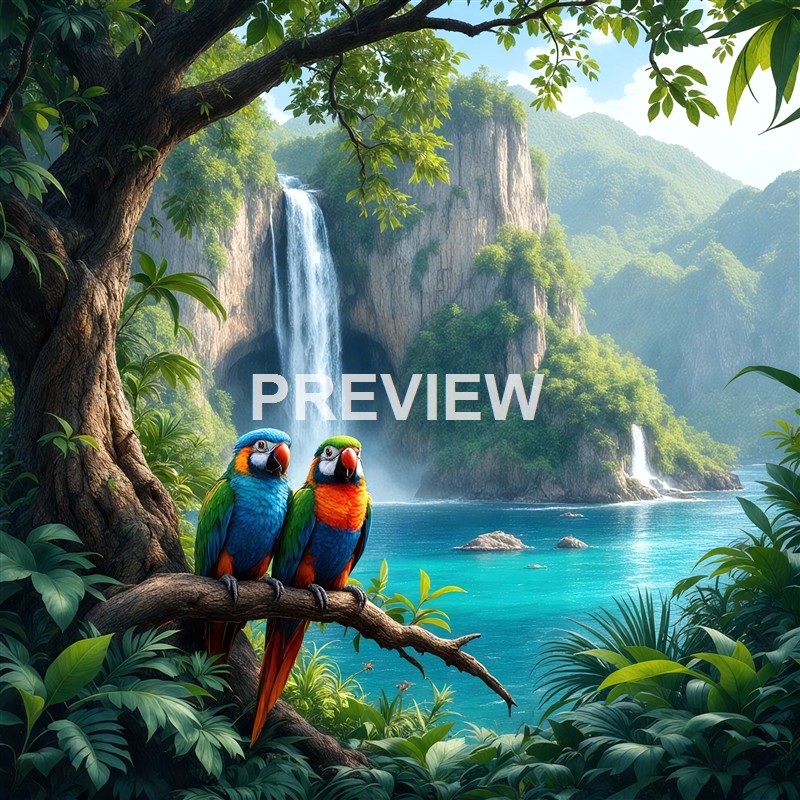 Two colorful parrots are perched on a branch in a lush, green tropical forest with a waterfall cascading down cliffs into a bright blue river in the background.